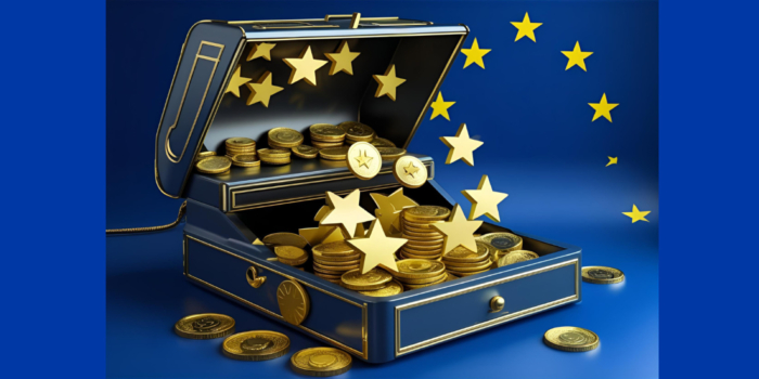 A cash box with coins and EU stars