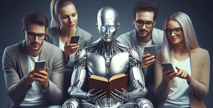 Several people looking at smart phone and a robot reading a book