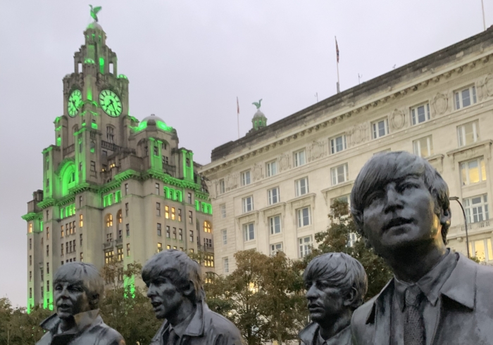 The Beatles statue in front of the Liver Building in Liverpool