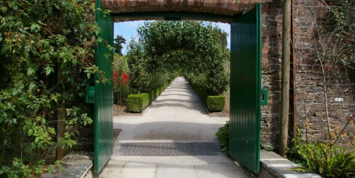 Inviting garden entrance with open green gate leading to a lush pathway lined with plants